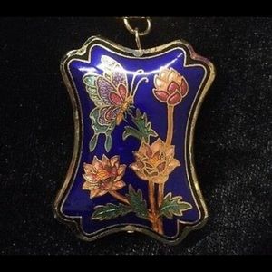 Cloisonné butterfly flower pendant Gold Vintage